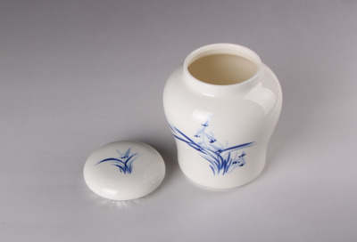 德化白瓷艺术精品 蓝彩竹兰花大号葫芦形茶叶罐鉴赏